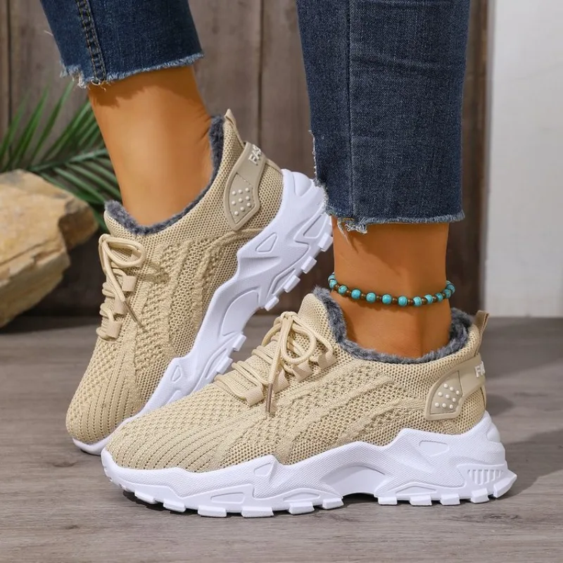 여성용 겨울용 보온 스니커즈, 니트 소재, 끈으로 묶는 - Knit Fabric Lace Up Sneakers 리뷰 및 가격